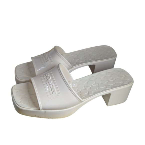 Coach Scarlett White Rubber Slide Sandals With Embossed Logo & Block Heel Size 9 - Picture 1 of 7